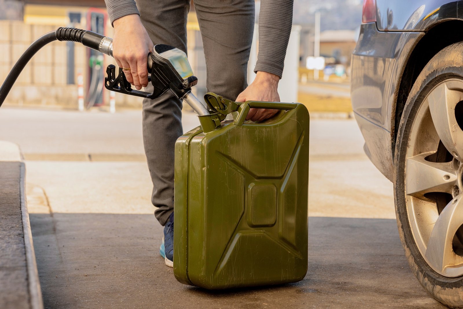 Refilling canister with fuel on the petrol station. Close up view. Fuel, gasoline, diesel